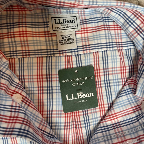 NWT LL Bean Men Plaid Button Down Shirt Red White Blue Wrinkle Resistant 16.5-35 - Picture 7 of 10